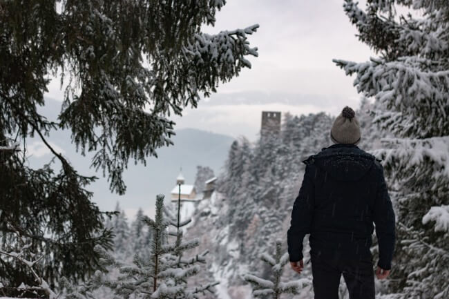 back of man in a snowy forest