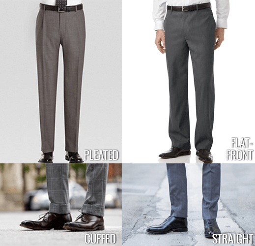 pleated vs flat front pants, cuffed vs straight leg